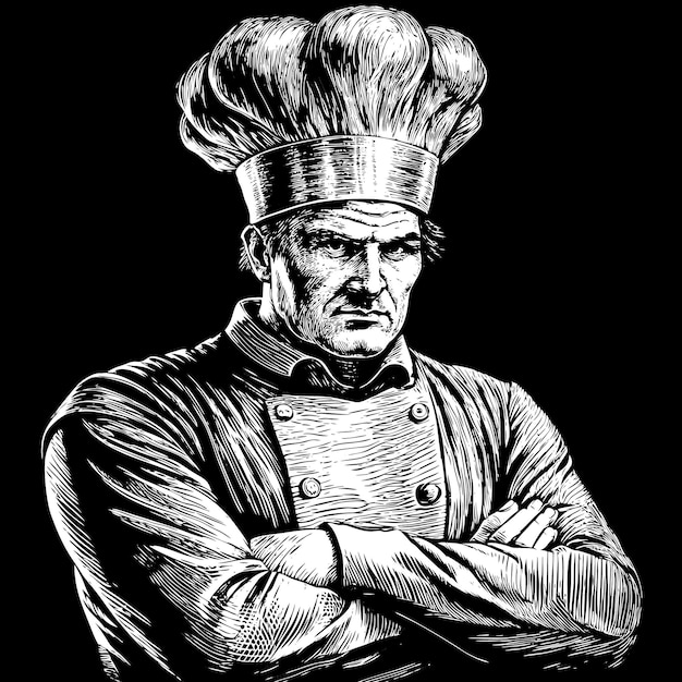 Vector black and white sketch of serious chef with crossed arms in traditional hat