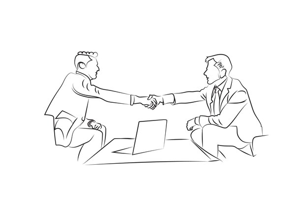 Vector black and white sketch of two men shaking hands office meeting