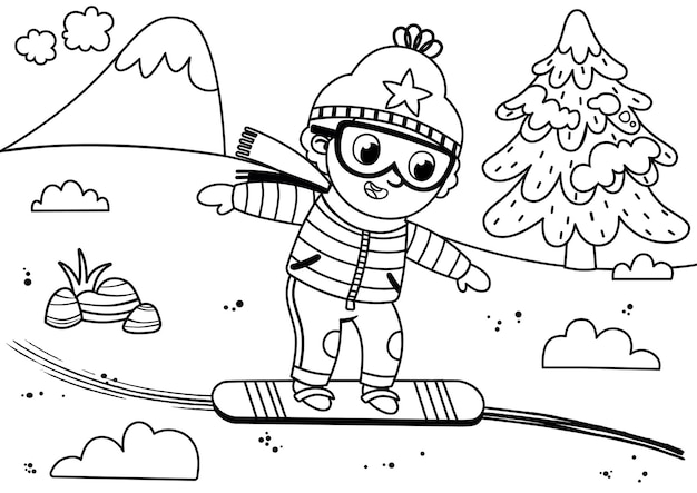 Black and white skier boy in winter mountain Painting activity Isolated on white