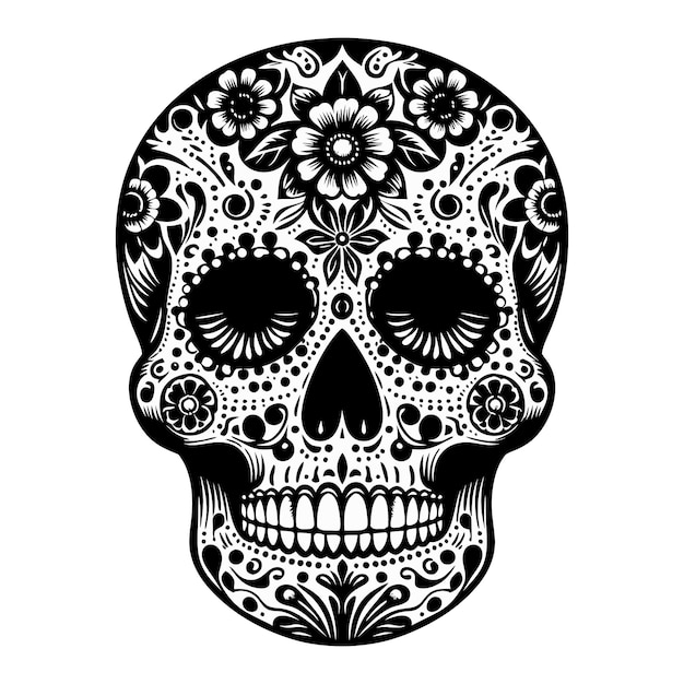 a black and white skull with a floral pattern on it