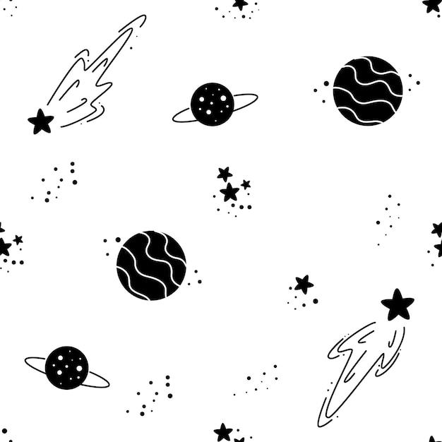 Black and white space wallpaper with planets and stars.