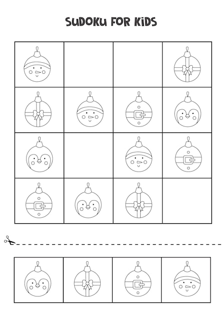 Black and white sudoku with Christmas balls for preschool kids. Logical game.