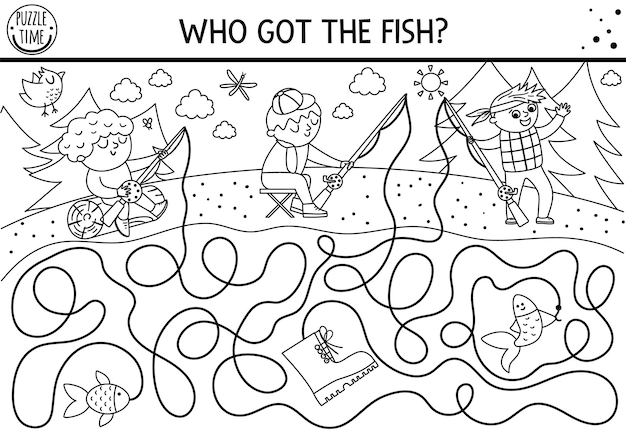 Black and white summer camp maze for children Active holidays outline preschool printable activity Family nature trip labyrinth coloring page with cute fishing kids with rods Who got the fishxA