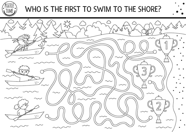 Black and white summer camp maze for children Active holidays outline preschool printable activity Nature trip or competition labyrinth coloring page with cute swimming or kayaking kids xA