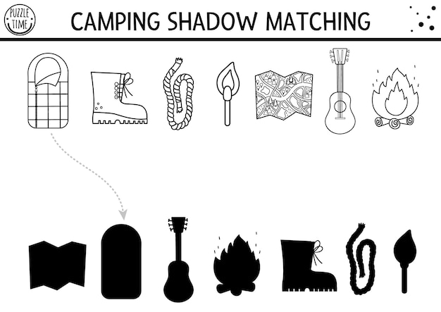 Black and white summer camp shadow matching activity with cute kawaii camping equipment