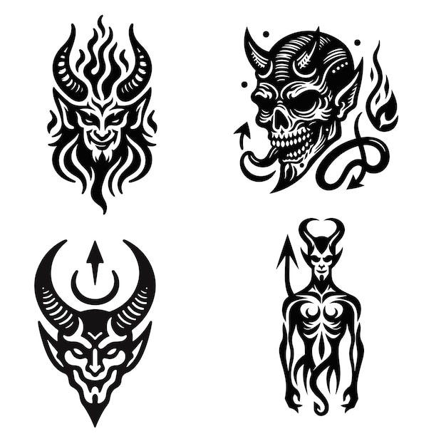 Vector a black and white tattoo of a devil skull with horns and horns