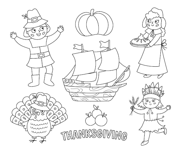 Black and white Thanksgiving Day characters set Vector Autumn line icons collection with pilgrims native Indian ship turkey pumpkin Cute outline fall holiday collection or coloring pagexA