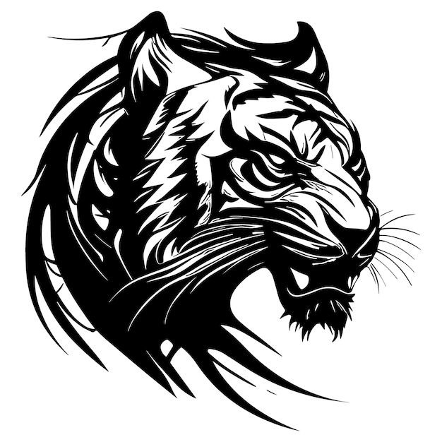 A black and white tiger head with a black design.