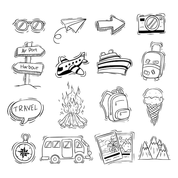 black and white travel icons collection with doodle style