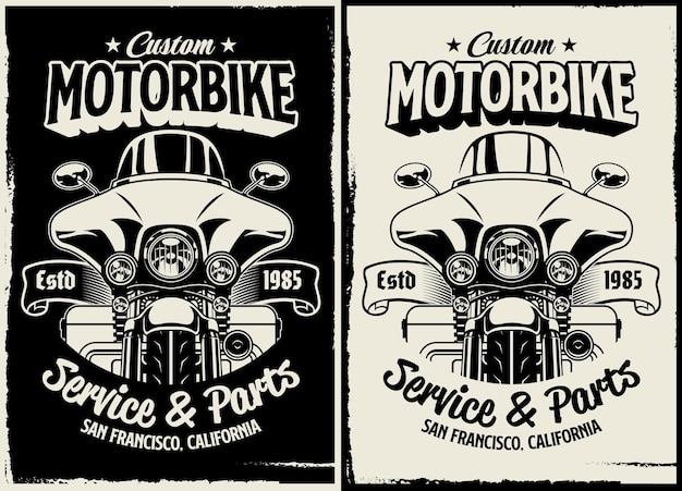 Black and white tshirt design of Custom Motorcycle Garage in vintage style