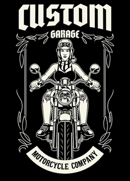 Black And White Tshirt design of Motorcycle Garage with Women Rider