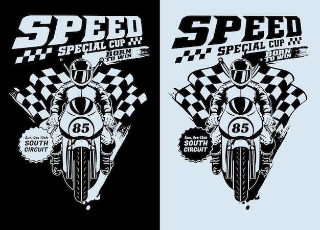 Black and White Tshirt design of Racing Motorcycle