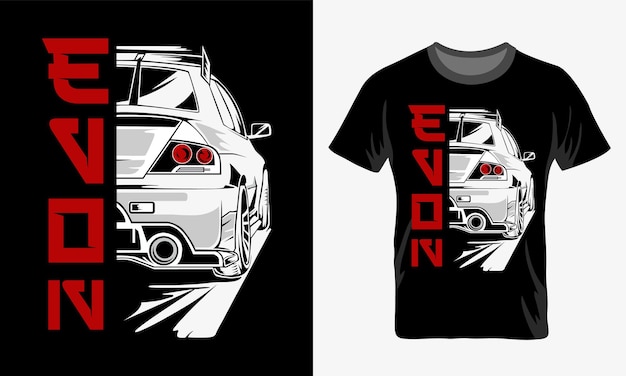 A black and white Tshirt with a Japanese drift car that says evo on it