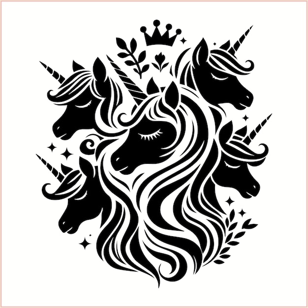 Vector a black and white unicorn with a crown on it