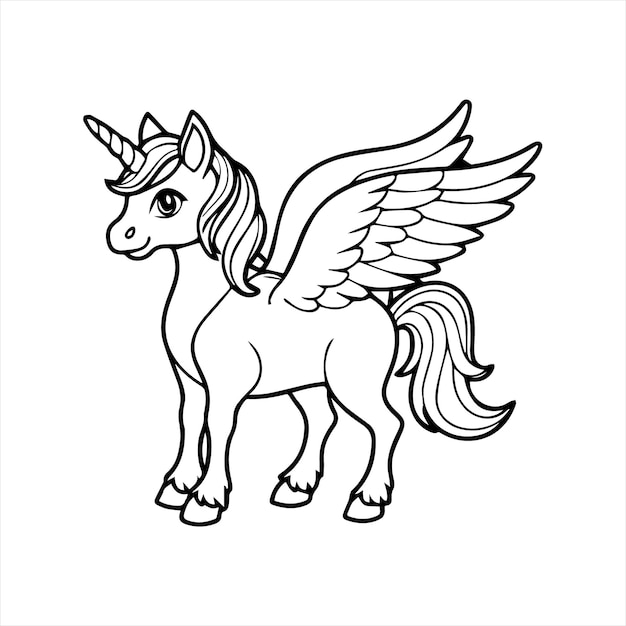 Vector black and white unicorn with wings