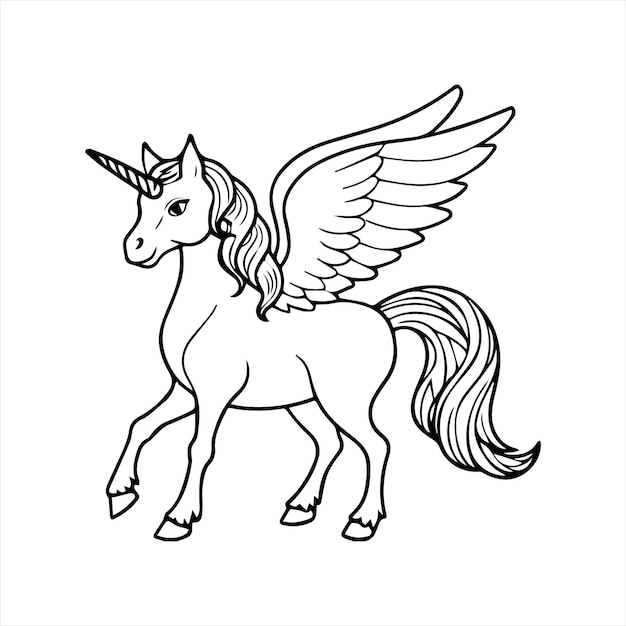 Vector black and white unicorn with wings