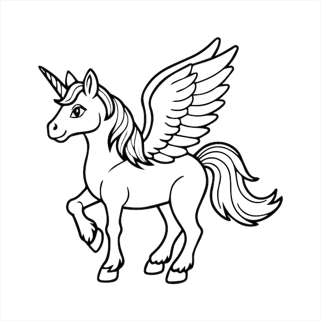 Vector black and white unicorn with wings