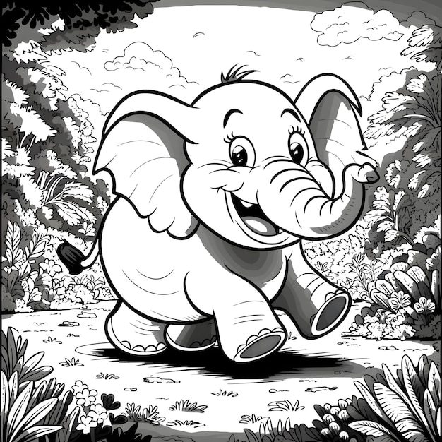 A black and white vector of an elephant with a happy face