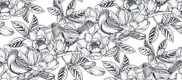 Black and white vector floral seamless pattern of magnolia flowers branches and birds