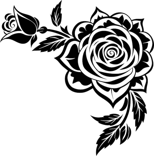 black and white vector graphic of roses corner flower silhouettes