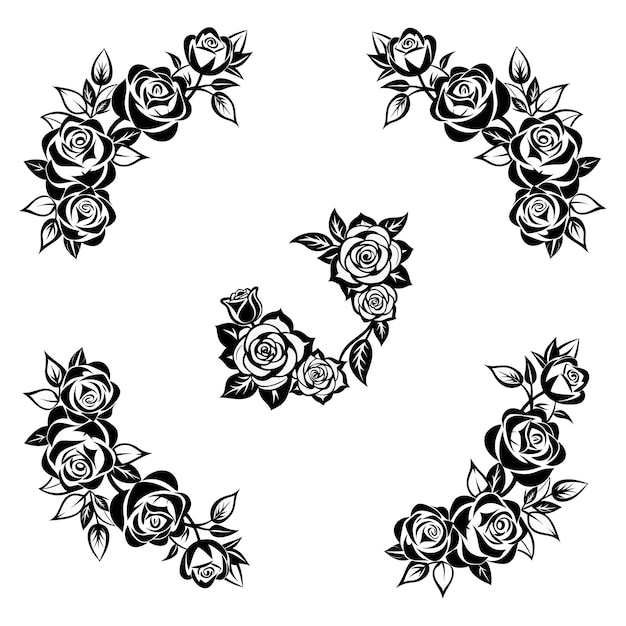 black and white vector graphic of roses corner