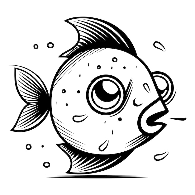 Black and white vector illustration of a cute cartoon fish with big eyes