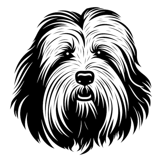 Black and white vector illustration of a fluffy dogs face perfect for petrelated designs logos and social media graphics