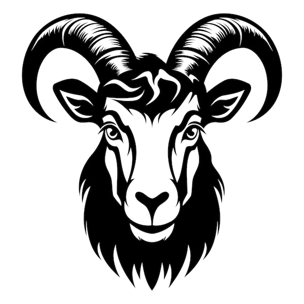 Black and white vector illustration of a goats head with curled horns perfect for tattoos logos or branding