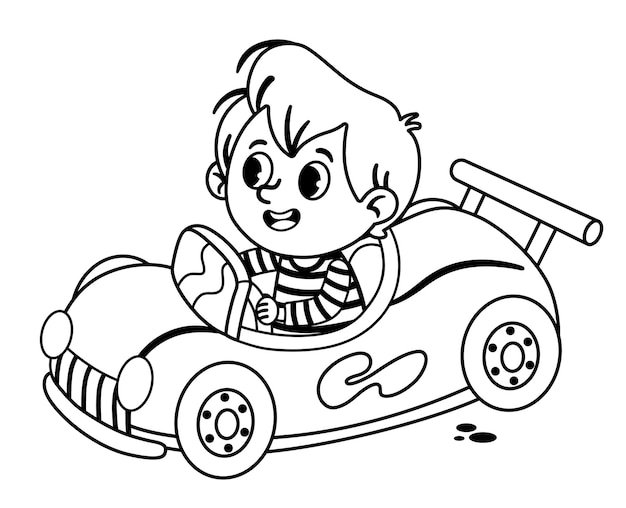 Black and white vector illustration of little boy driving a toy car