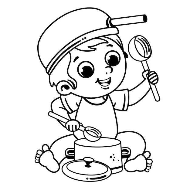 Black and white vector illustration of little boy hit the pots with spoons like a drum