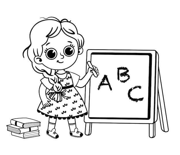 Black and white vector illustration of primary school student in front of blackboard