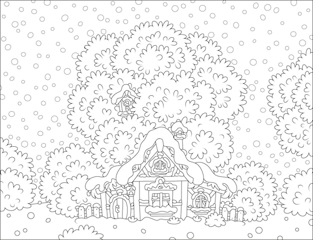 Black and white vector illustration of a small country house with a thatched roof under snow