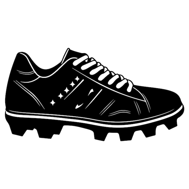 Vector black and white vector illustration of a soccer cleat highlighting its detailed design representing sports footwear and athletic equipment