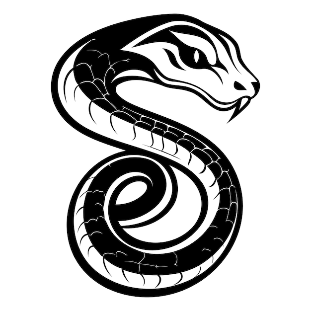 Black and white vector illustration of a stylized snake coiled in a striking pose ideal for tattoos graphic design and apparel