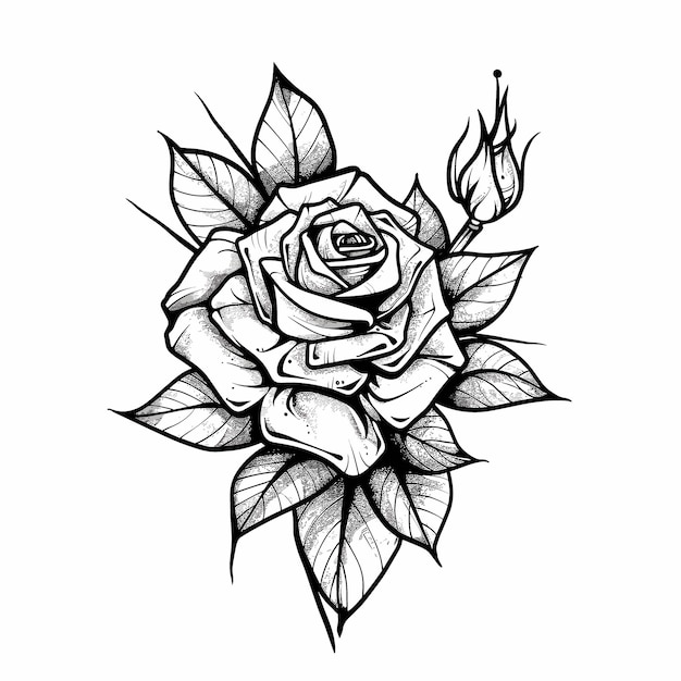 Vector black and white vector illustration in tattoo style rose on a white background