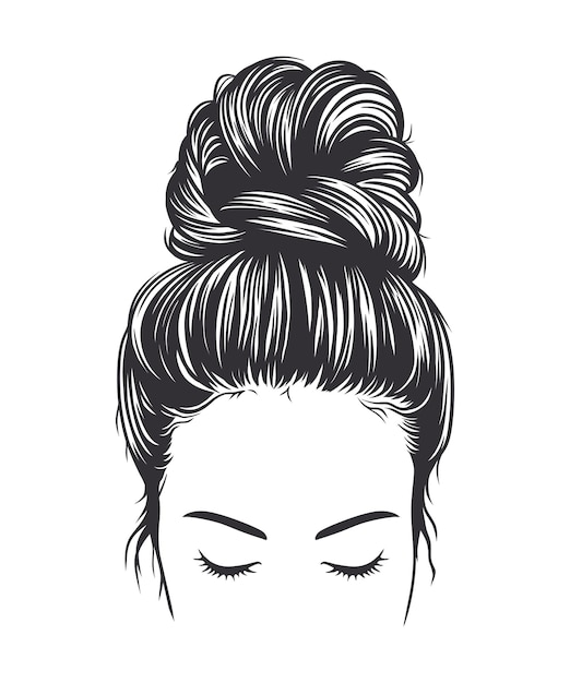 Black and white vector illustration of woman messy bun hairstyle isolated on white background