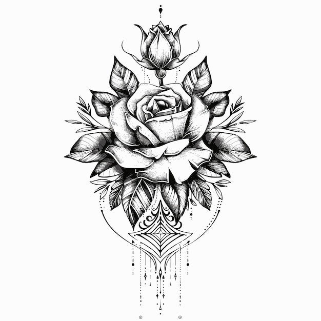 Vector black and white vector image in tattoo style rose on a white background