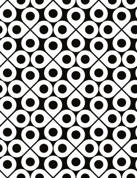 Black and white vector ornamental seamless pattern with drops and polka dots, monochrome infinite background with quatrefoils, endless abstract covering.