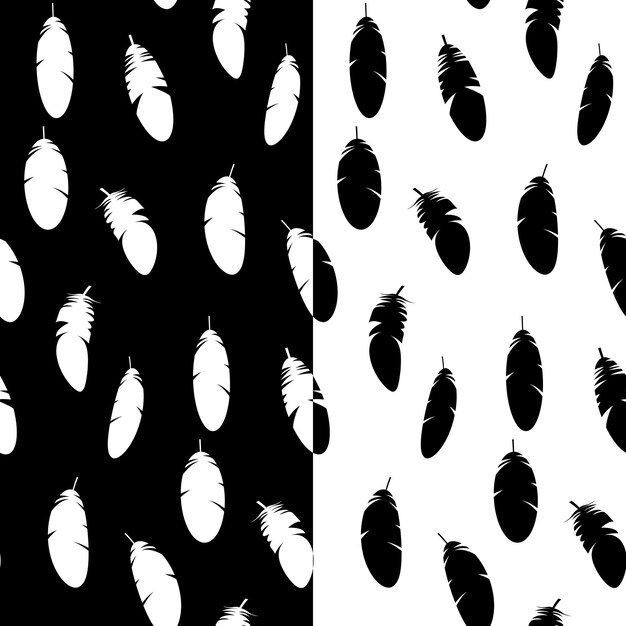 Vector black and white vector seamless patterns with feathers in two variations white and feathers