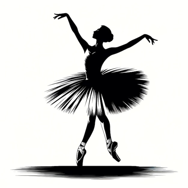 A black and white vector silhouette illustration of a ballerina midpirouette