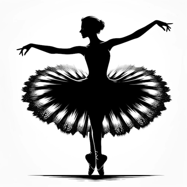 A black and white vector silhouette illustration of a ballerina midpirouette