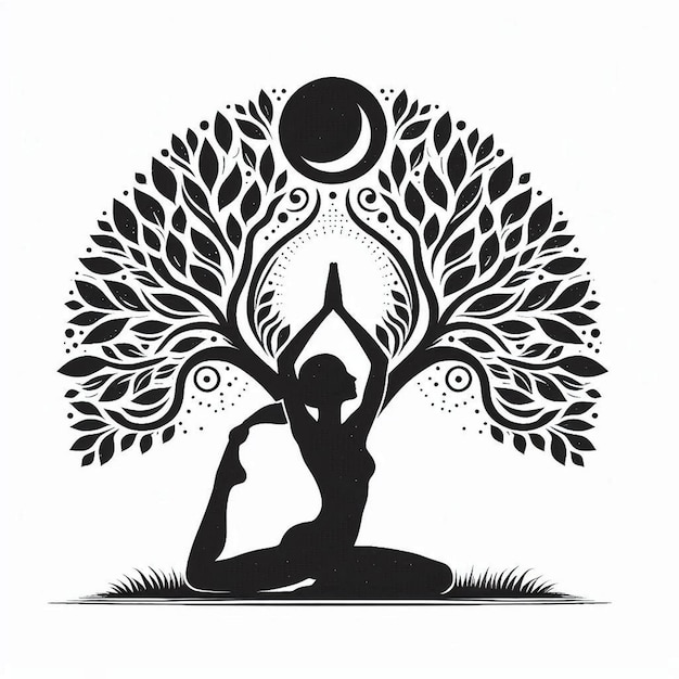 A black and white vector silhouette illustration of a yoga practitioner in a tree pose