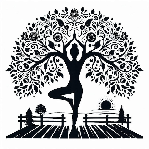 A black and white vector silhouette illustration of a yoga practitioner in a tree pose