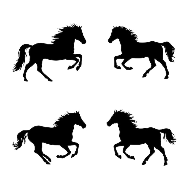 Vector black and white vector silhouettes set of horse