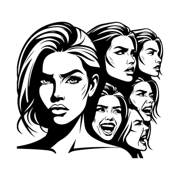 Vector a black and white vector of a woman with a womans face illustration and also group of girls