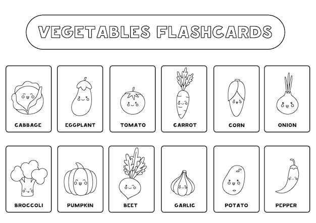 Black and white vegetables flashcards for kids