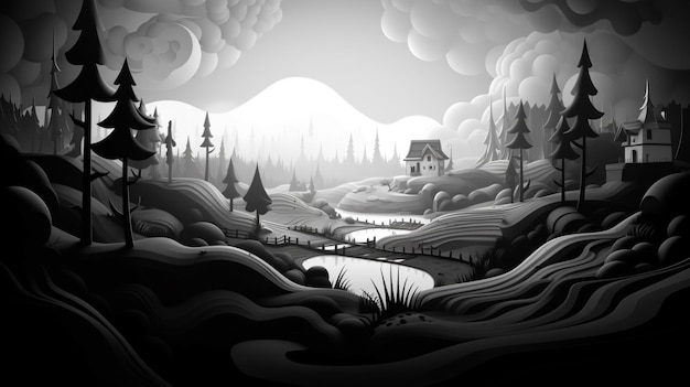 Vector a black and white version of a landscape with a cabin and a river