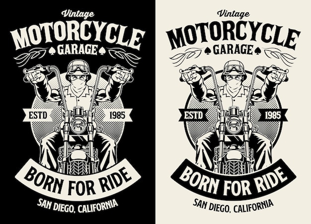 Black and white vintage tshirt design of motorbike garage