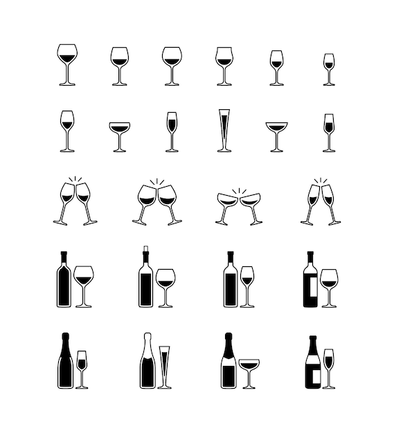 Black and white wine and champagne glasses bottles Vector