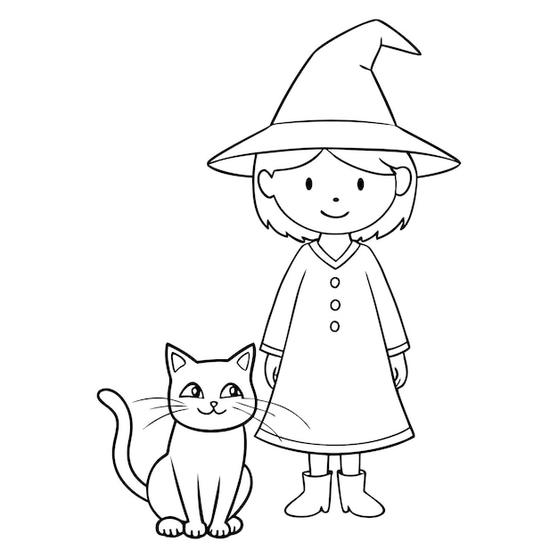 Vector black and white witch and cat illustration halloweenthemed decor web icons kids patterns